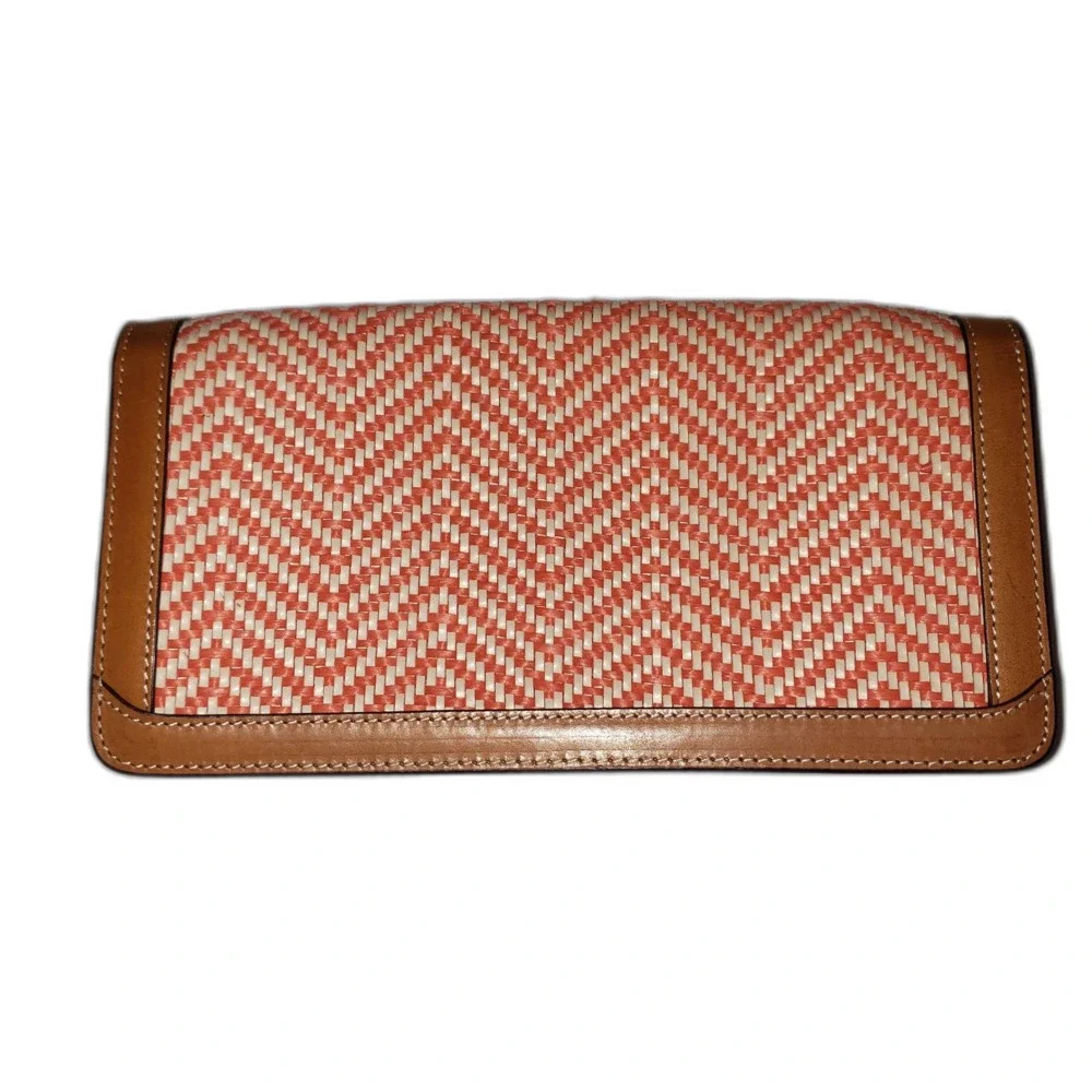 J. MCLAUGHLIN  Orange Cream Woven Tan Leather Clutch Purse